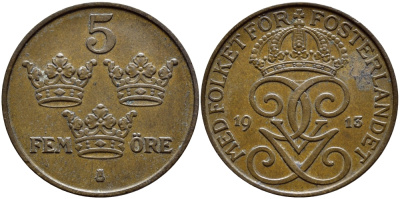 Швеция 5 эре 1913 Густав V (1907-1950) KM 779.2 бронза 4394-834