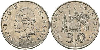 Французская Новая Каледония 50 франков 2007 хижина среди сосен и пальм, (IEOM) KM 13a, Schoen 15a, Lec 128i медно-никель 114-214