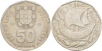 ПОРТУГАЛИЯ 50 ЭСКУДО 1987 КОРАБЛЬ KM 636 медно-никель 4521-315