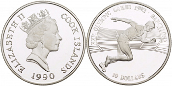 Острова Кука 10 долларов 1990 XXV летние Олимпийские игры в Барселоне 1992 года, бег KM 79 серебро PROOF 02-227-13