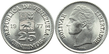 Венесуэла 25 сентимо 1977 Симон Боливар KM 50.2 никель 4392-955