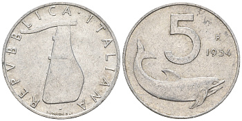 Италия 5 лир 1954 R, руль, дельфин KM 92 алюминий 259-123