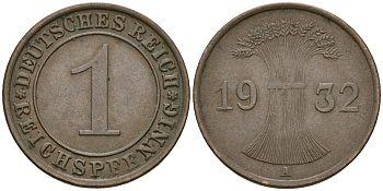 Германия 1 рейхспфенниг 1932 A KM 37, J. 313 бронза 4189-1149