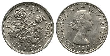 Великобритания 6 пенсов 1967 Елизавета II (1952-2022) KM 903, Spink 4149 медно-никель 89-715