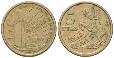 Испания 5 песет 1997 M, Балеарские острова KM 981 алюминиевая бронза 4617-1147