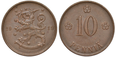 Финляндия 10 пенни 1919 KM 24 медь 45-842