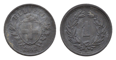 Швейцария 1 раппен 1943 B KM 3a цинк 4679-433