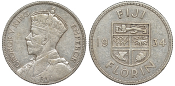 Фиджи 1 флорин 1934 Георг V (1910-1936), герб Фиджи KM 5 серебро    91-1131
