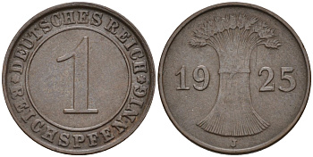 Германия 1 рейхспфенниг 1925 J KM 37, J.313, Weege 2 медь 4585-558