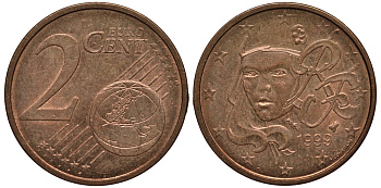 Франция 2 евроцента 1999 KM 1283 сталь плакированная медью 4181-438
