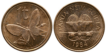 Папуа-Новая Гвинея 1 тойя 1984 бабочка KM 1 бронза UNC 261-543