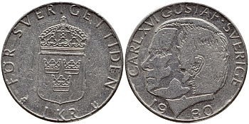 Швеция 1 крона 1980 Карл XVI Густав (1973- ) KM 852 медь плакированная медно-никелем 4397-941