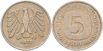 ФРГ 5 марок 1975 G KM 140.1 медно-никель 4557-441