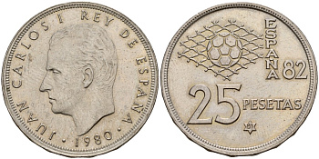 Испания 25 песет 1980 (81) Чемпионат мира по футболу в Испании 1982, Король Хуан Карлос I (1975 - 2014) KM 818 медно-никель 4187-1137