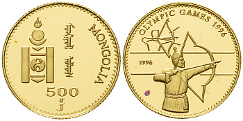 Монголия 500 тугриков 1996 XXVI олимпийские игры 1996 года в Атланте, стрельба из лука золото PROOF 00-810-12