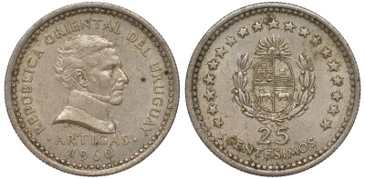 Уругвай 25 сентесимо 1960 KM 40 медно-никель 4532-148