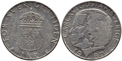 Швеция 1 крона 1980 Карл XVI Густав (1973- ) KM 852 медь плакированная медно-никелем 4397-941