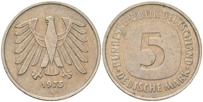 ФРГ 5 марок 1975 G KM 140.1 медно-никель 4557-441