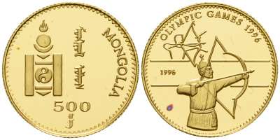 Монголия 500 тугриков 1996 XXVI олимпийские игры 1996 года в Атланте, стрельба из лука золото PROOF 00-810-12
