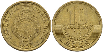КОСТА-РИКА 10 КОЛОН 1997 а KM 228а латунь 67-1012