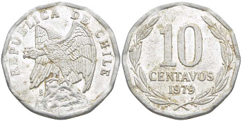 Чили 10 сентаво 1979 KM 205a алюминий 4402-441
