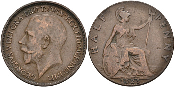Великобритания 1/2 пенни 1925 Георг V (1910-1936), штрих на A - прямой KM 824, Spink 4057 бронза 4116-1237