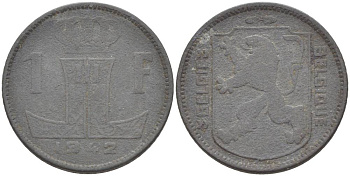 БЕЛЬГИЯ 1 ФРАНК 1942 BELGIE-BELGIQUE KM 128 цинк 4546-236