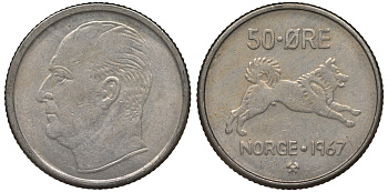 Норвегия 50 эре 1967 Улаф V (1957-1991), собака KM 408 медно-никель 4128-1134