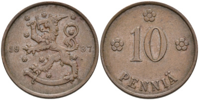 Финляндия 10 пенни 1937 республика (1918-1962) KM 24 медь 4563-621