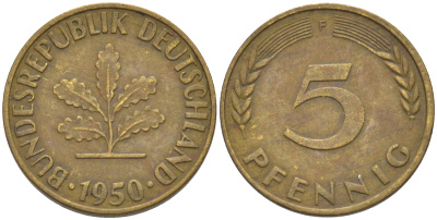 ФРГ 5 пфеннигов 1950 F KM 107, J. 382 сталь плакированная латунью 55-1247