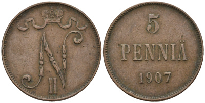 Россия для Финляндии 5 пенни 1907 Николай II (1894-1917) KM 15, Биткин 448 медь 259-1136