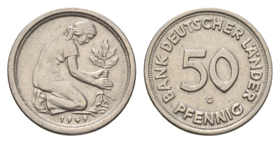 ФРГ 50 пфеннигов 1949 G KM 104, J. 379 медно-никель 4630-534