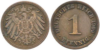 ГЕРМАНИЯ 1 ПФЕННИНГ 1909 А KM 10, J. 10 медь 201-931