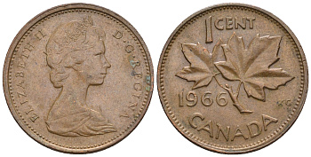 Канада 1 цент 1966 Елизавета II (1952-2022), кленовый лист KM 59.1 бронза 4609-128