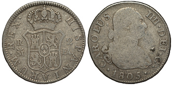 Испания 2 реала 1805 M FA, мондвор (Мадрид), Карлос IIII (1788-1808) KM 430.1 ( C69.1) серебро 650-913