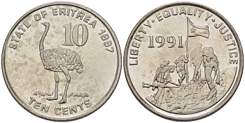 Эритрея 10 центов 1997 страус KM 45 сталь плакированная никелем UNC 67-1243