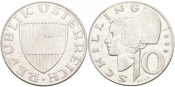 Австрия 10 шиллингов 1958 KM 2882 серебро 68-656