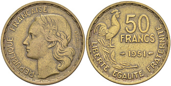 Франция 50 франков 1951 петух KM 918.1, Le Franc 425.5 алюминиевая бронза 4402-557