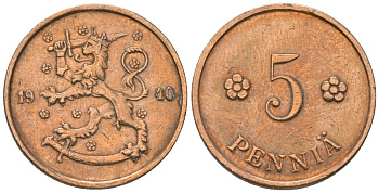 Финляндия 5 пенни 1940 KM 22 медь 4174-742