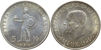 Швеция 5 крон 1962 U, Густав VI, 80 лет Густаву VI Адольфу KM 838 серебро UNC 00-00