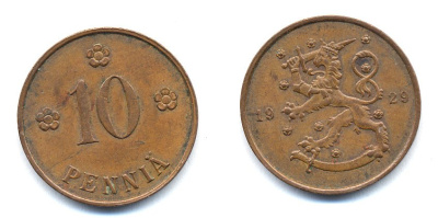 Финляндия 10 пенни 1929 республика (1918-1962) KM 24 медь 46-1646