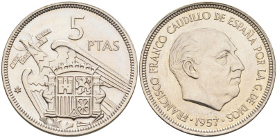 Испания 5 песет 1957(73) Франциско Франко (1939-1975) KM 786 медно-никель UNC 4583-1136