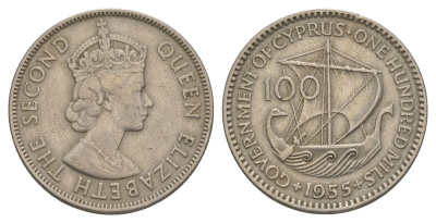 Кипр 100 милей 1955 Елизавета II (1952-2022) KM 37 медно-никель 4652-421