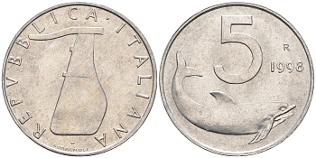 Италия 5 лир 1998 R, дельфин KM 92 алюминий  UNC  4594-757