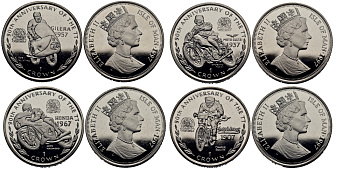 Остров Мэн 1 крона 1997 90 лет мотогонкам, коллекция из четырех монет КМ 782, 784, 786, 788 медно-никель UNC M94-08