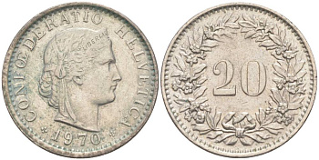 Швейцария 20 раппенов 1970 KM 29a медно-никель 55-927