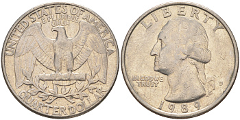 США 25 ЦЕНТОВ = КВОТЕР 1989 D, ВАШИНГТОН KM A164a медь плакированная медно-никелем 4114-925