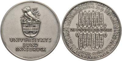Австрия медаль 1966 серия университет Инсбрука, открытия 1966 года, медальер Kolblinger, диаметр 40 мм., серебрение бронза 4552-234