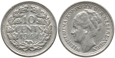 Нидерланды 10 центов 1941 Вильгельмина I (1890-1948) КМ 163 серебро 4387-912