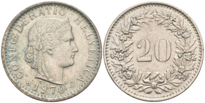 Швейцария 20 раппенов 1970 KM 29a медно-никель 55-927